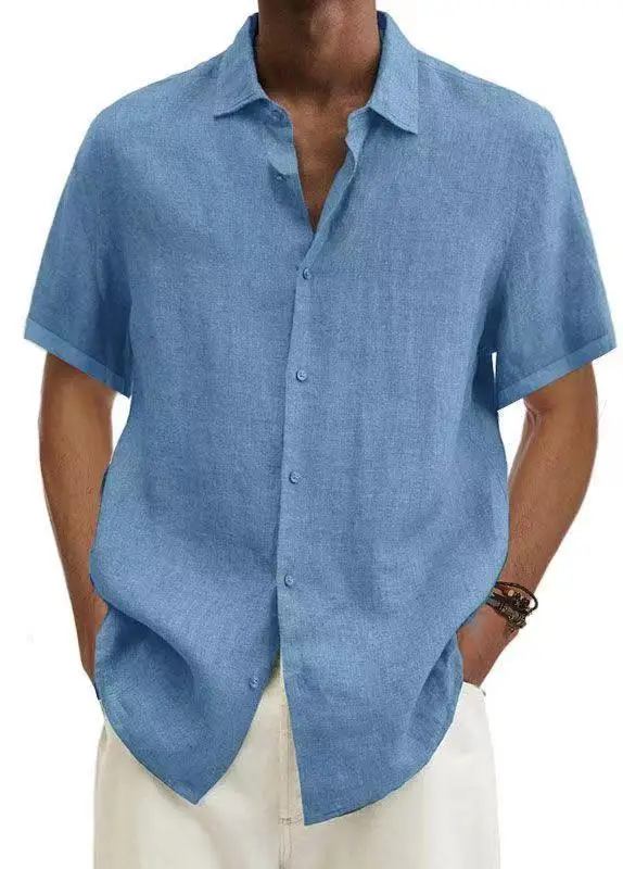 Men Button Cotton Linen V Neck Shirt Purple 2024