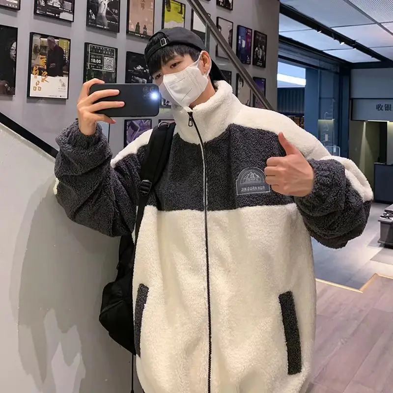 Men's Black White Fleece Zipper Jacket with Hood - Image 3