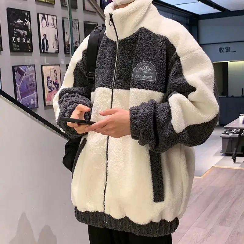 Men's Black White Fleece Zipper Jacket with Hood - Image 5