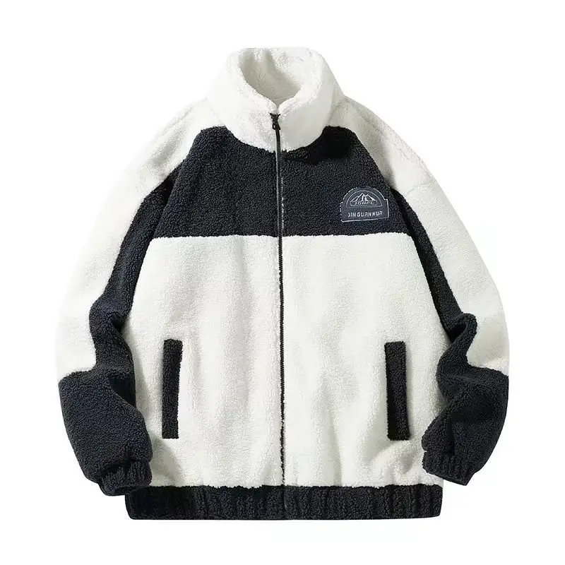 Men's Black White Fleece Zipper Jacket with Hood - Image 6