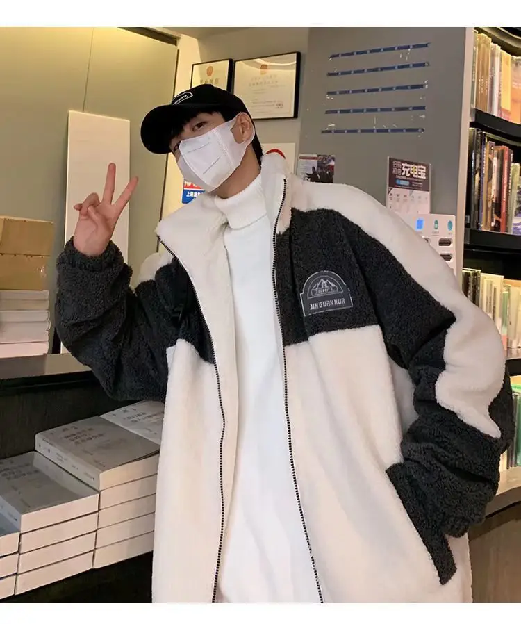 Men's Black White Fleece Zipper Jacket with Hood — feature 1