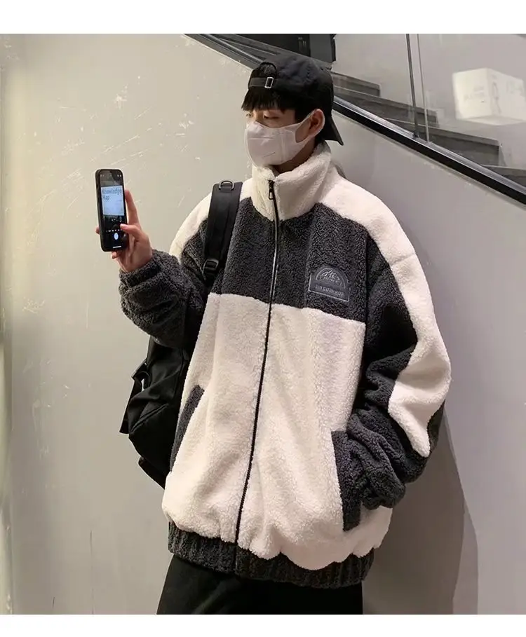 Men's Black White Fleece Zipper Jacket with Hood — feature 4