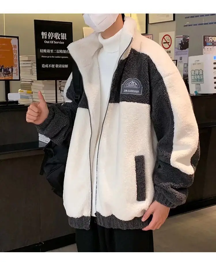 Men's Black White Fleece Zipper Jacket with Hood — feature 5