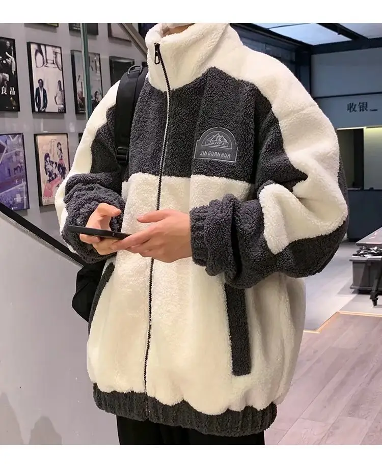 Men's Black White Fleece Zipper Jacket with Hood — feature 6