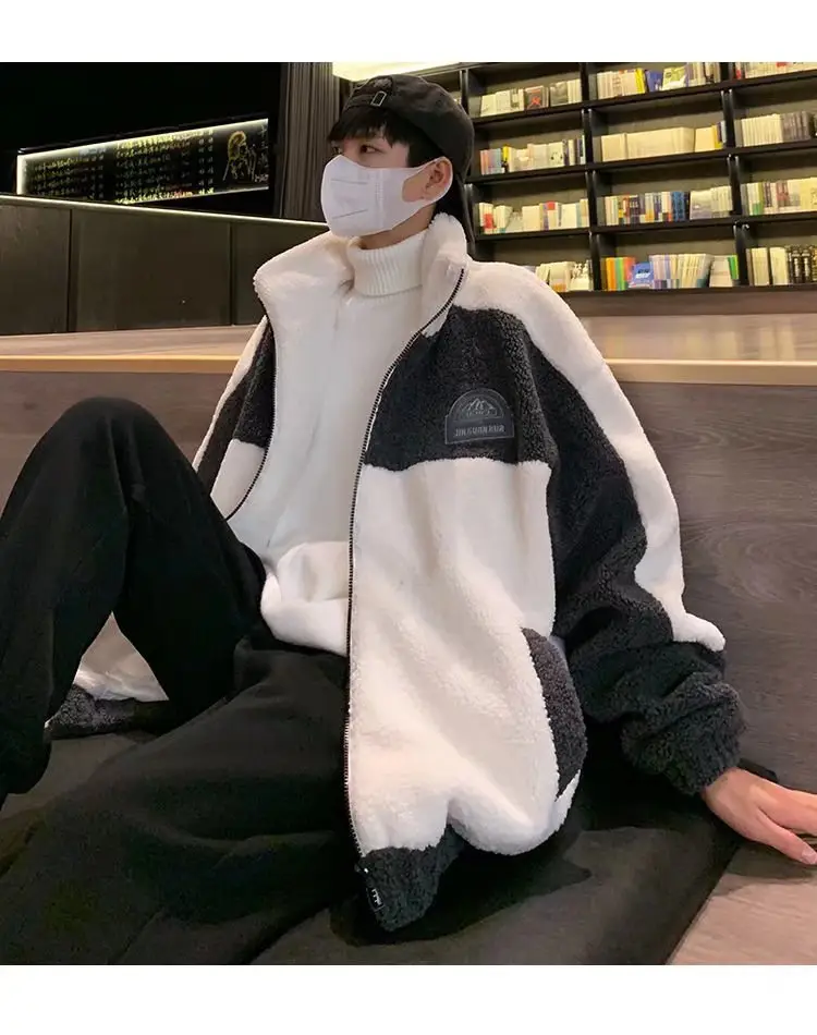 Men's Black White Fleece Zipper Jacket with Hood — feature 8