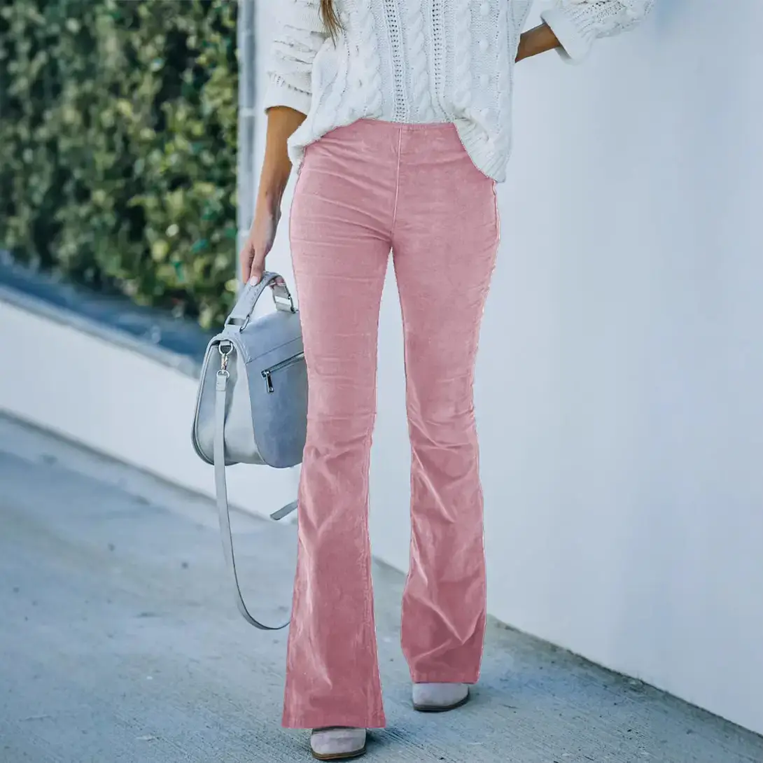 Women's Brown Slim Flared Corduroy Pants High Waist Casual - Image 12
