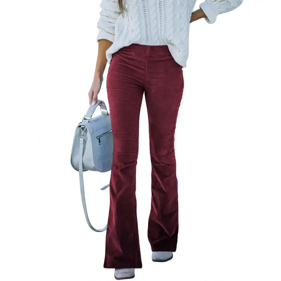 Women's Brown Slim Flared Corduroy Pants High Waist Casual - Image 14