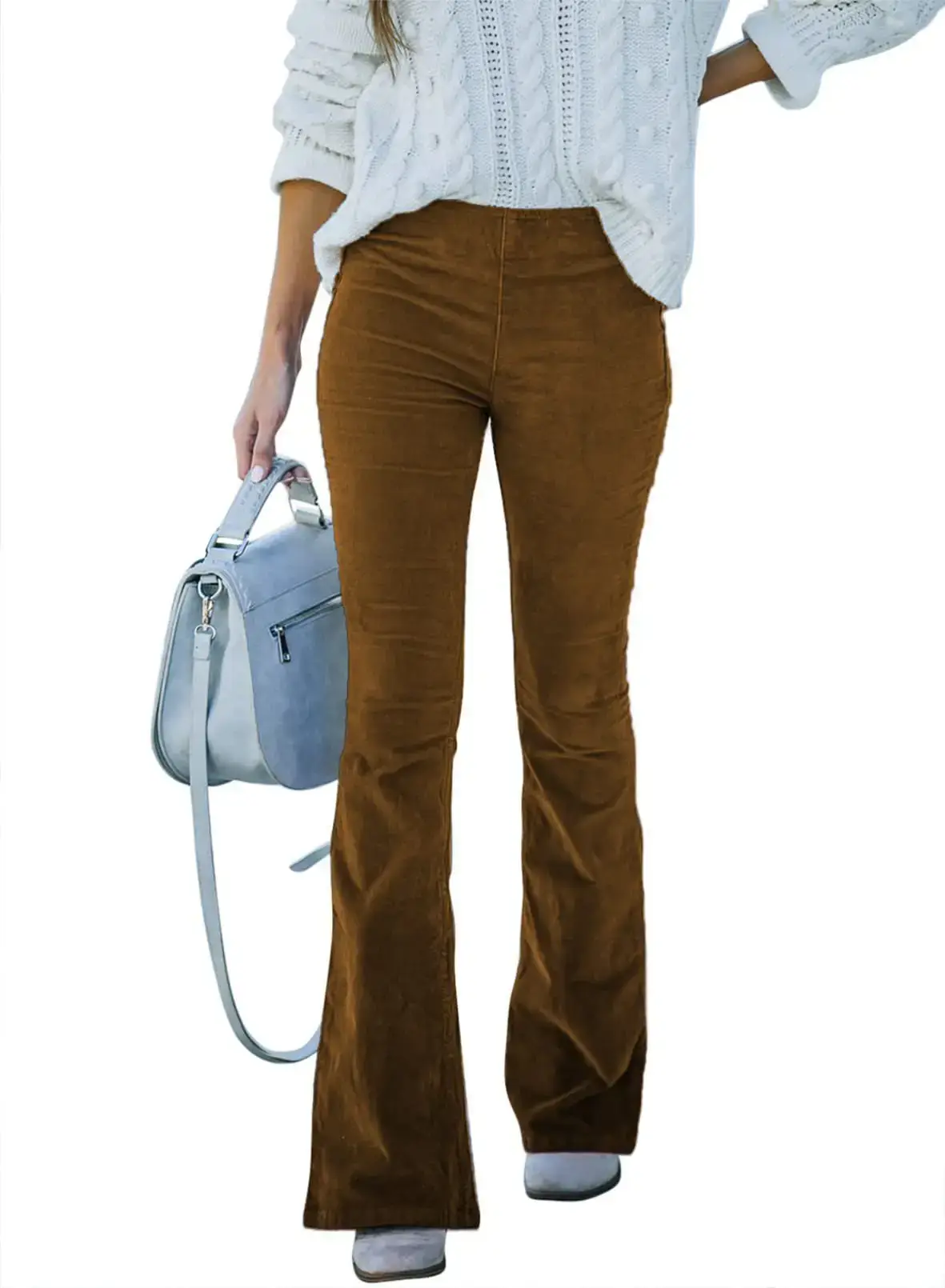 Women's Brown Slim Flared Corduroy Pants High Waist Casual - Image 3