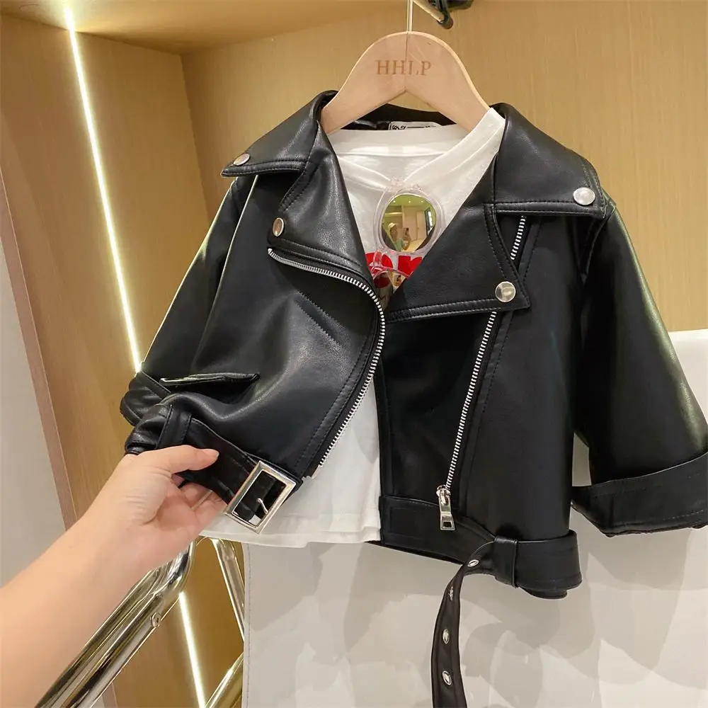 Girls Black Leather Motorcycle Jacket Large Zipper 2025 — feature 2