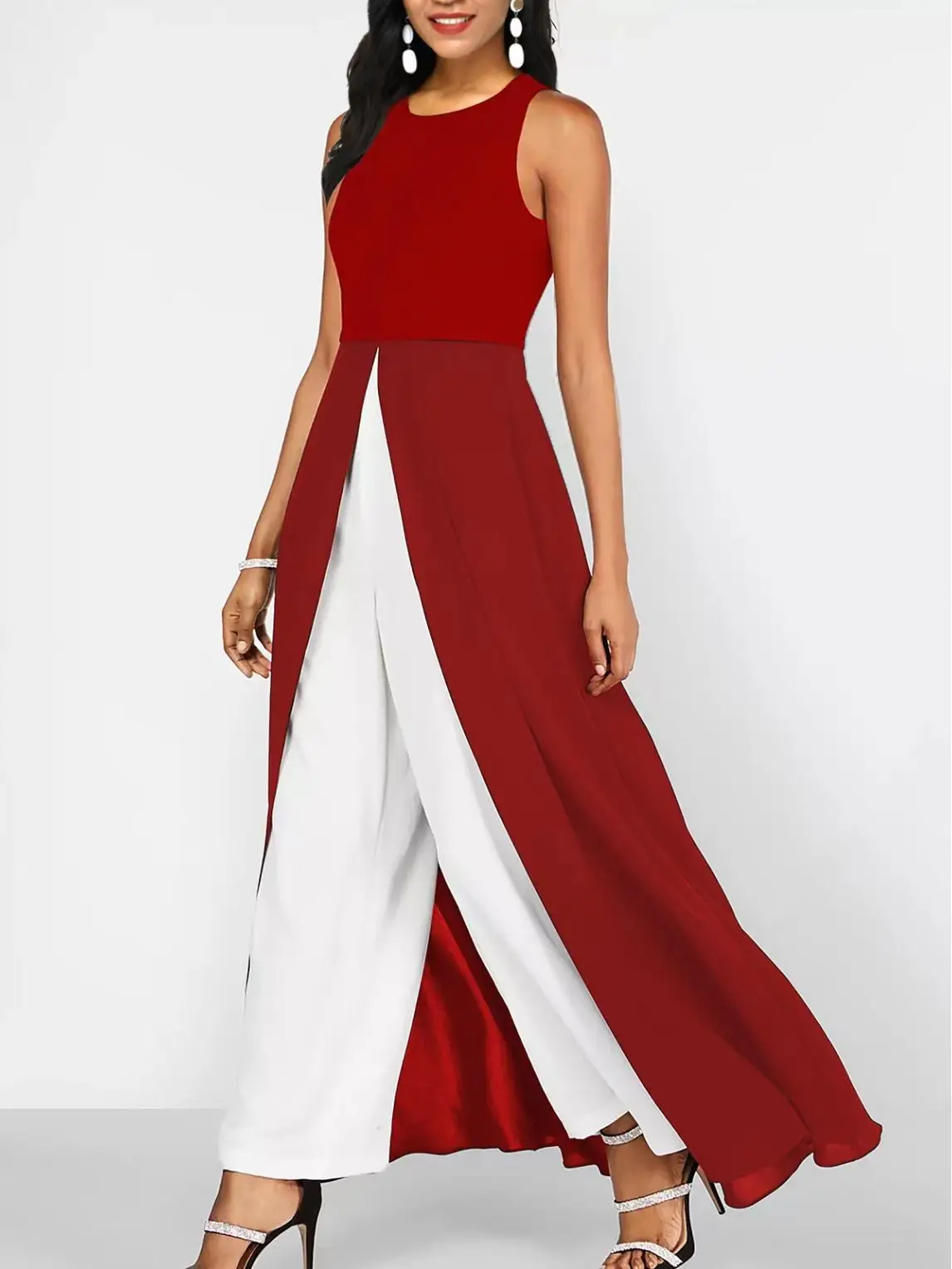 Red White Slim Fit Milk Silk One-Piece Jumpsuit