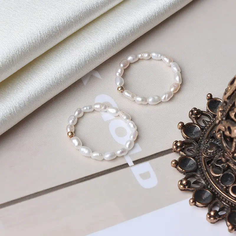 Pearl Ring with 14K Gold Finish, Elastic Line Free, Natural Freshwater Pearl - Image 3
