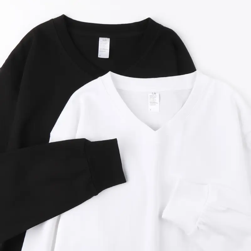 250g V-Neck Cotton T-Shirt Black White Long Sleeve - Image 3