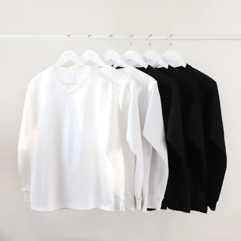 250g V-Neck Cotton T-Shirt Black White Long Sleeve - Image 4