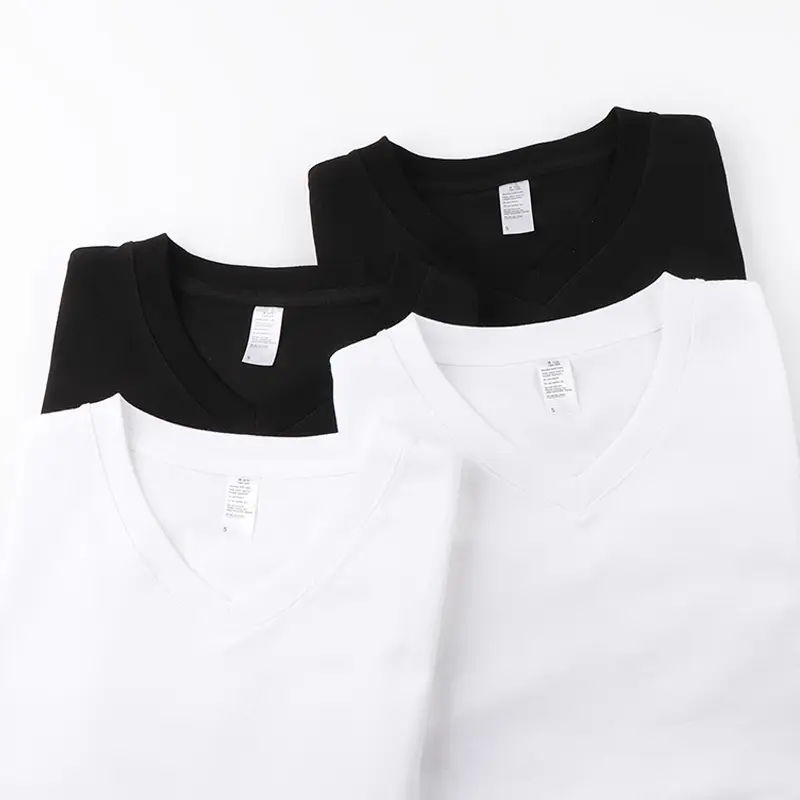 250g V-Neck Cotton T-Shirt Black White Long Sleeve - Image 5