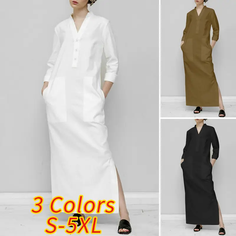 2023 Long Sleeve Cotton-Linen Long Dress with Slit Side - Image 4