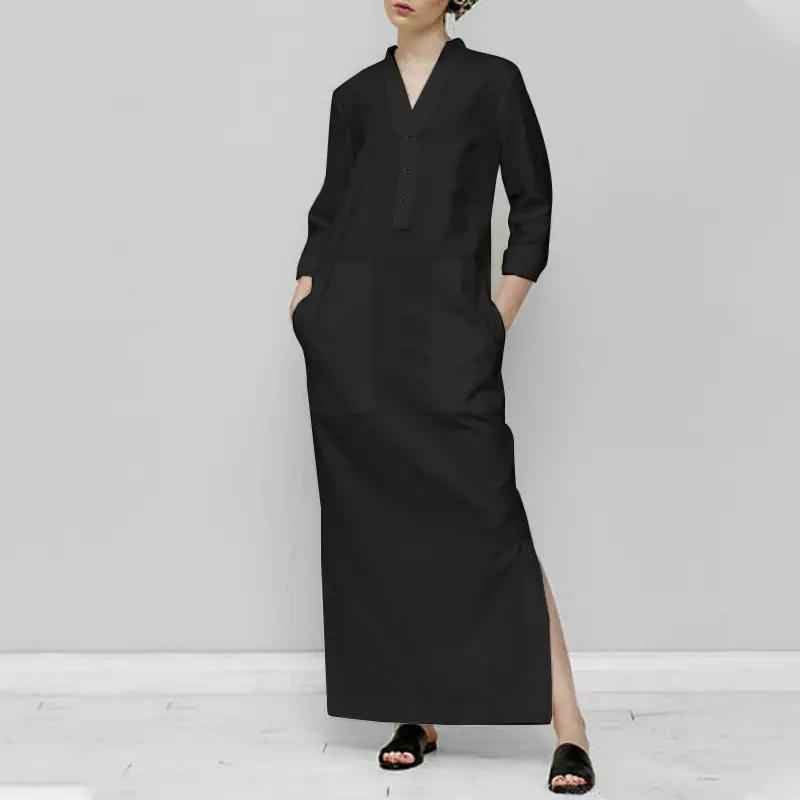 2023 Long Sleeve Cotton-Linen Long Dress with Slit Side - Image 2