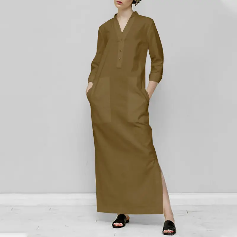 2023 Long Sleeve Cotton-Linen Long Dress with Slit Side - Image 3