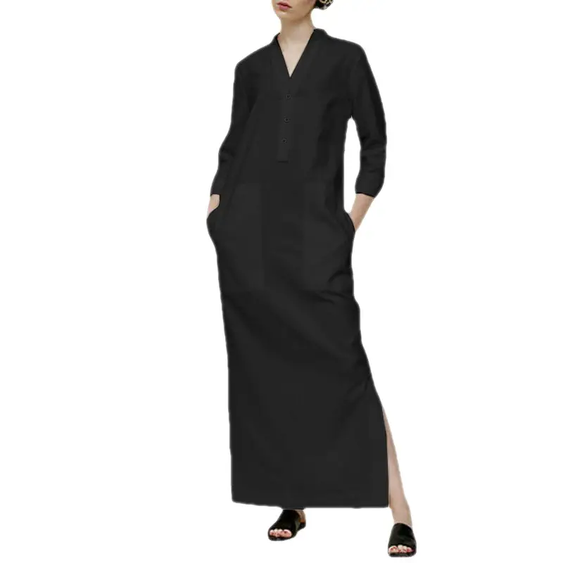 2023 Long Sleeve Cotton-Linen Long Dress with Slit Side - Image 5