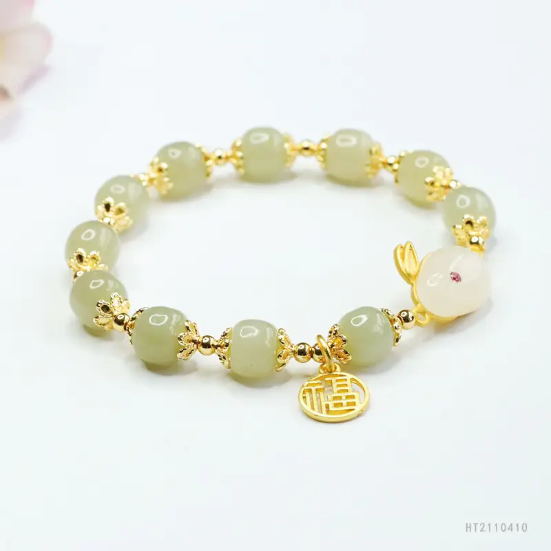 Rabbit Fortune Pendant Bracelet with Jade Beads Gold Plated - Image 3