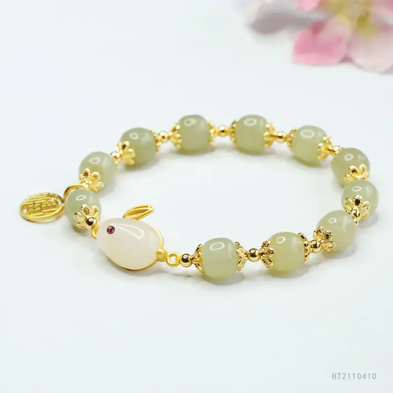 Rabbit Fortune Pendant Bracelet with Jade Beads Gold Plated - Image 4