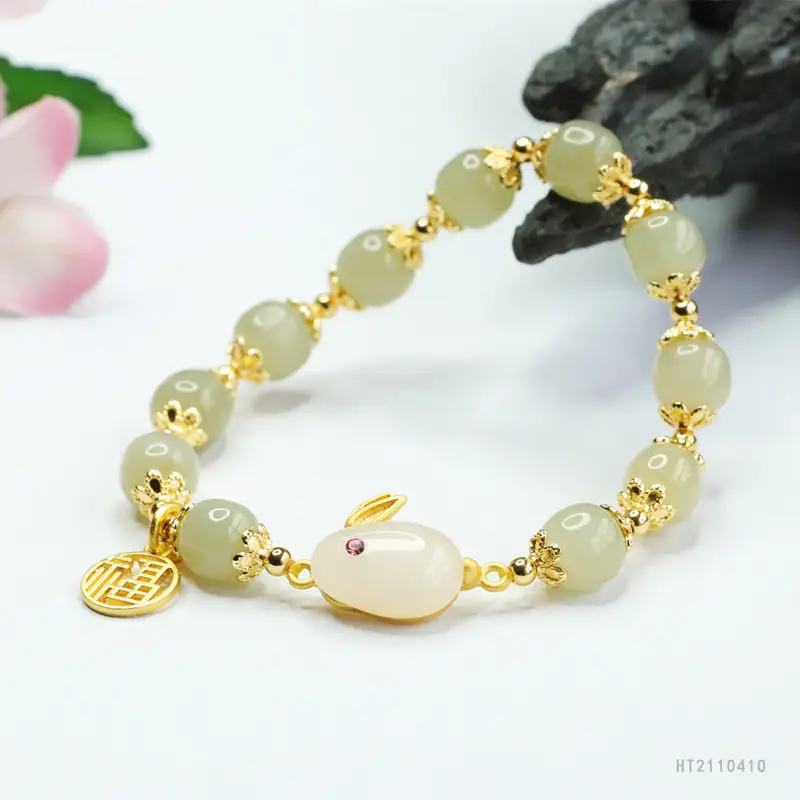 Rabbit Fortune Pendant Bracelet with Jade Beads Gold Plated - Image 5