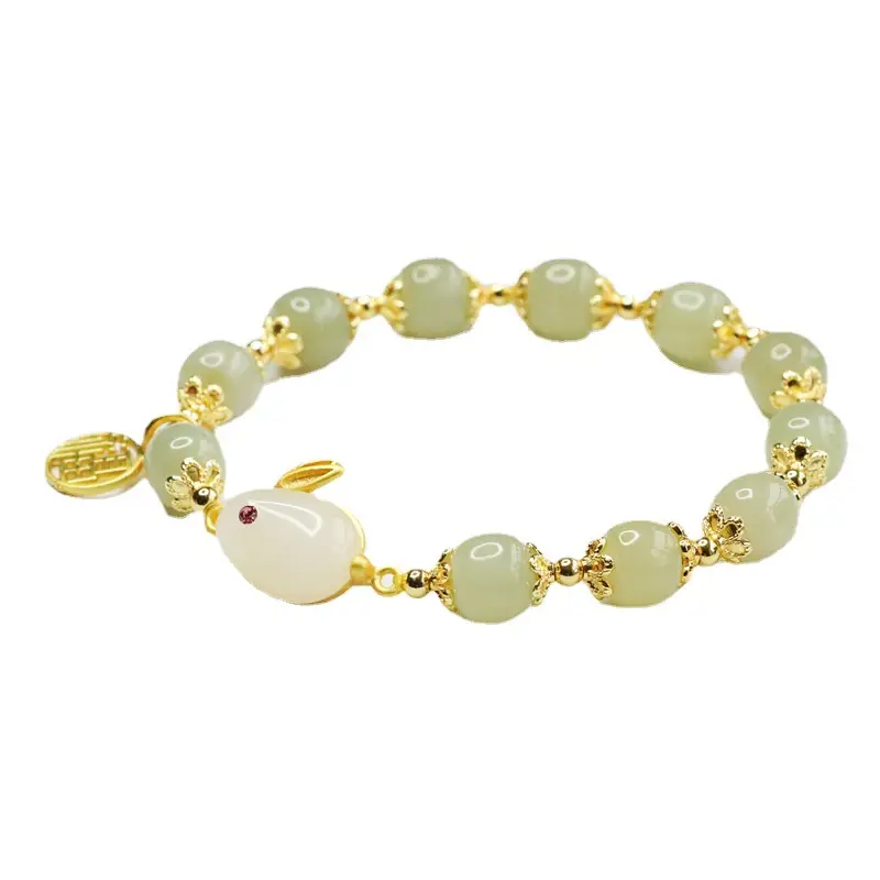 Rabbit Fortune Pendant Bracelet with Jade Beads Gold Plated - Image 6