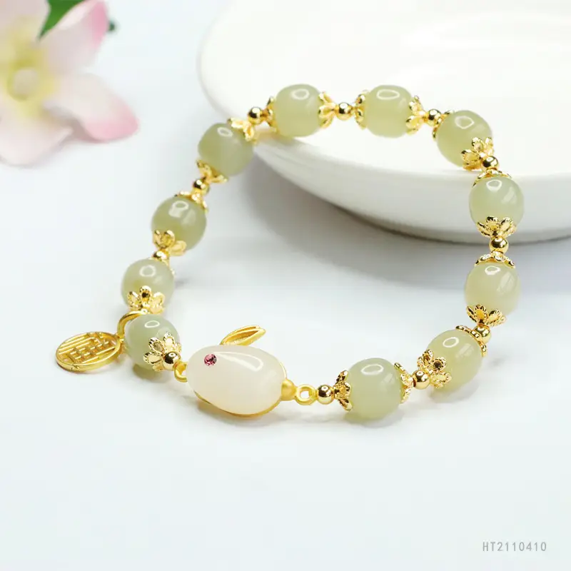 Rabbit Fortune Pendant Bracelet with Jade Beads Gold Plated — feature 8