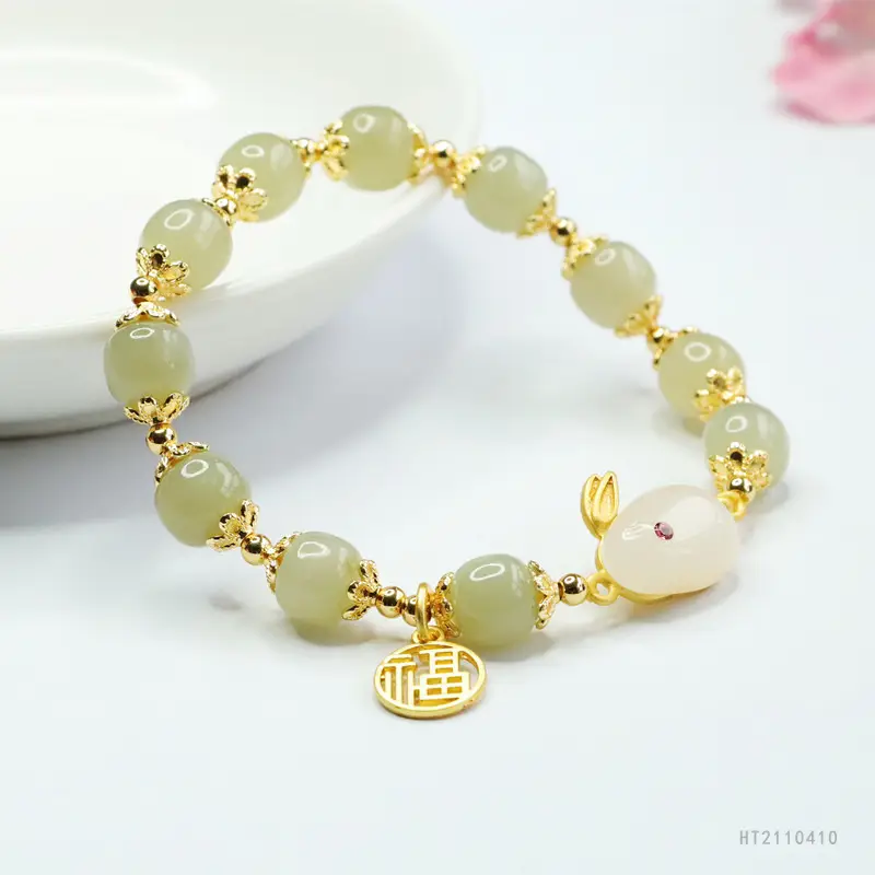 Rabbit Fortune Pendant Bracelet with Jade Beads Gold Plated — feature 9