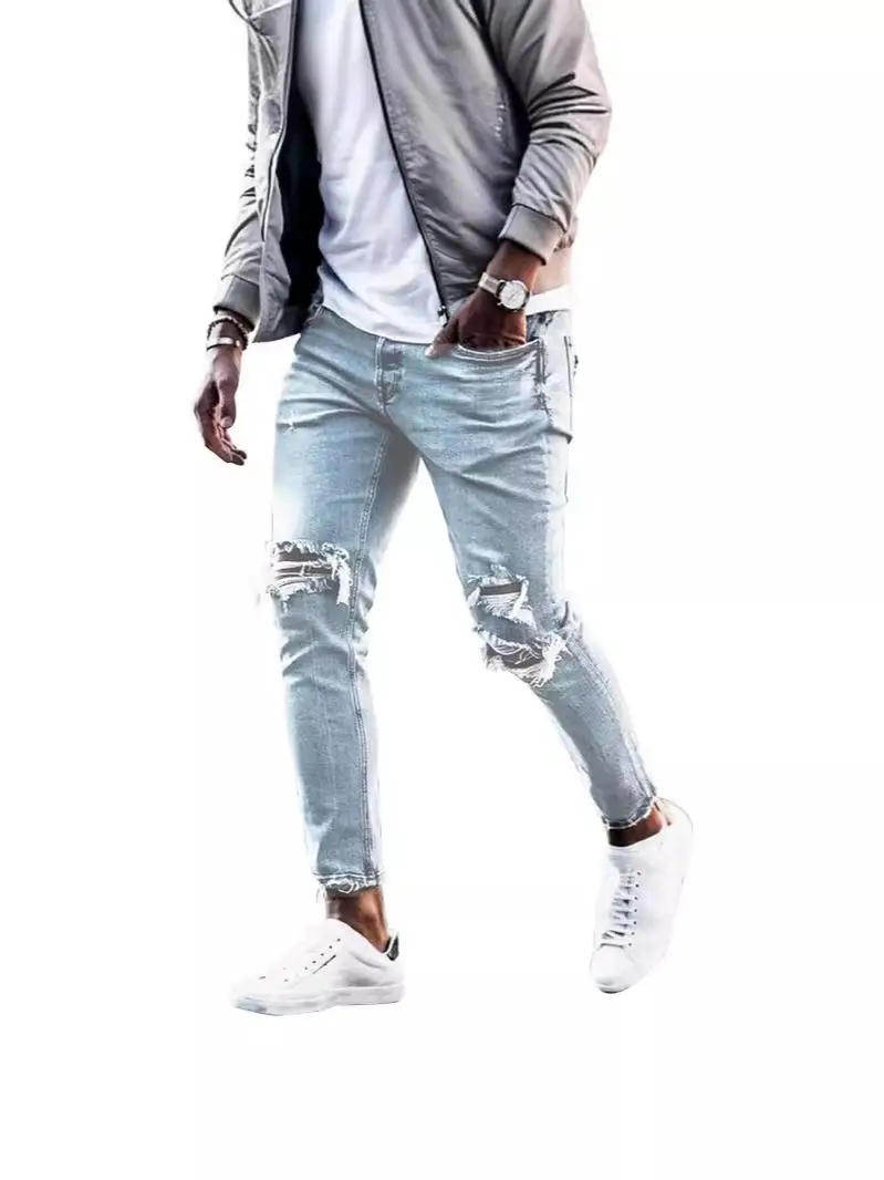 Washed Light Blue Jeans for Men with Holes & White Sneakers - Image 6