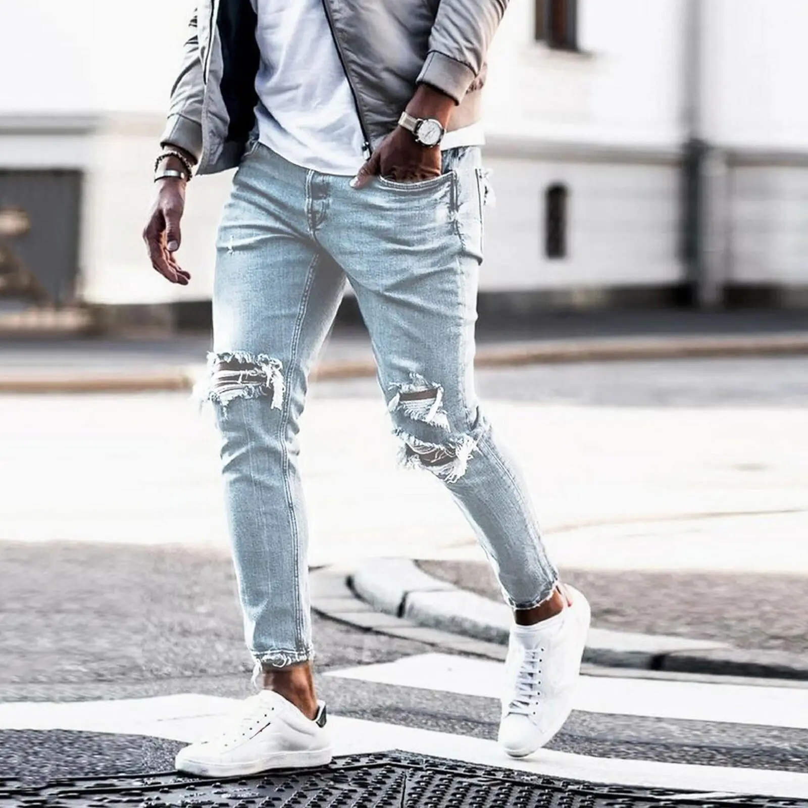 Washed Light Blue Jeans for Men with Holes & White Sneakers — feature 6
