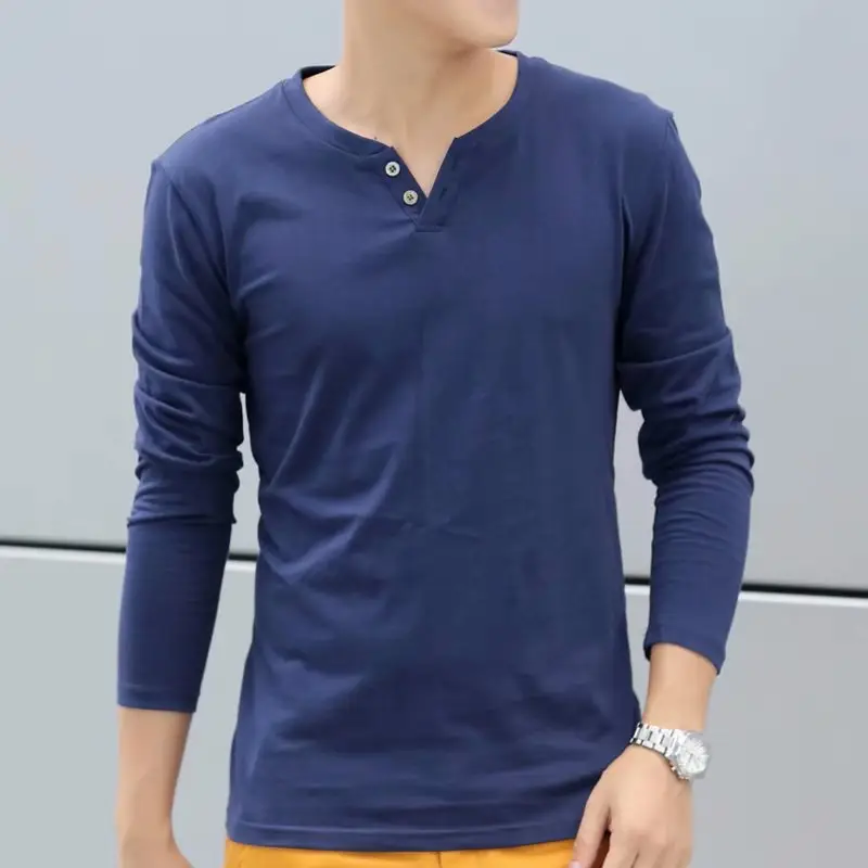 Men Korean Style V Neck Long Sleeve T-Shirt Red