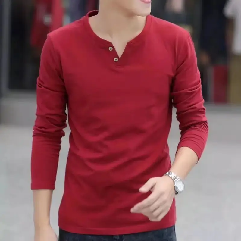 Men Korean Style V Neck Long Sleeve T-Shirt Red