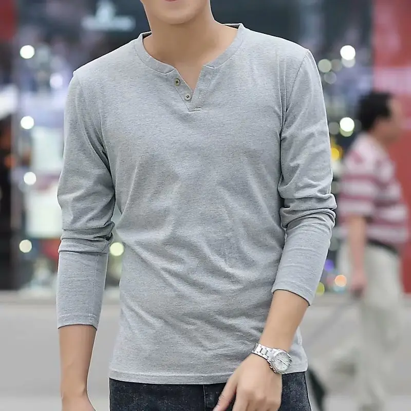 Men Korean Style V Neck Long Sleeve T-Shirt Red