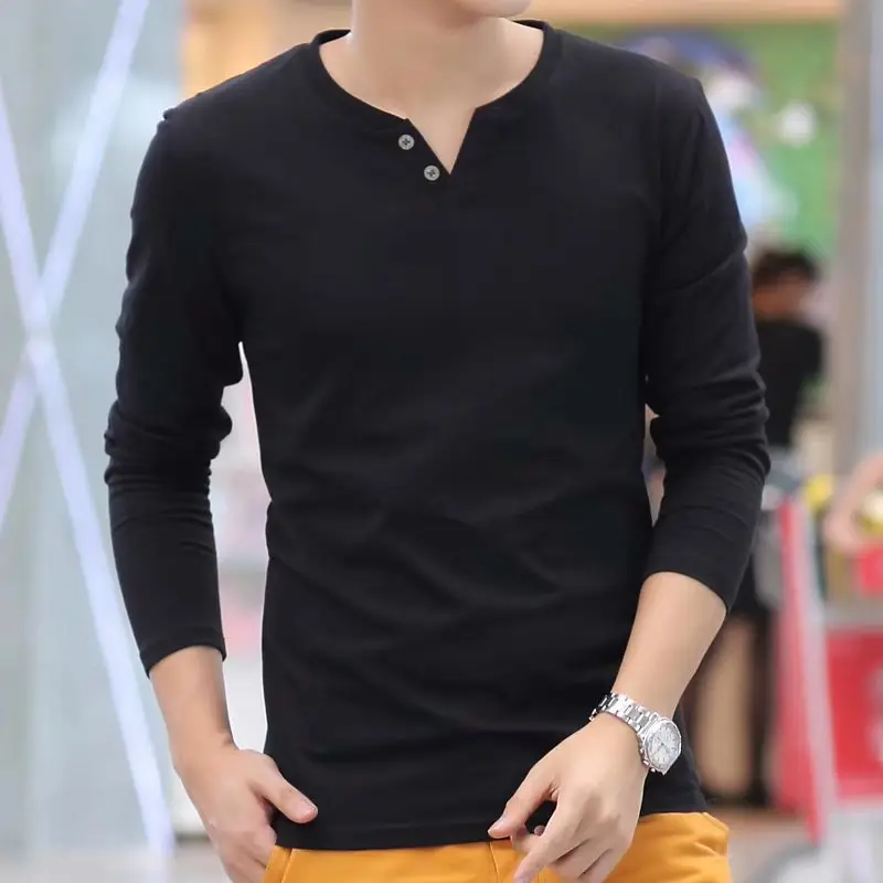 Men Korean Style V Neck Long Sleeve T-Shirt Red