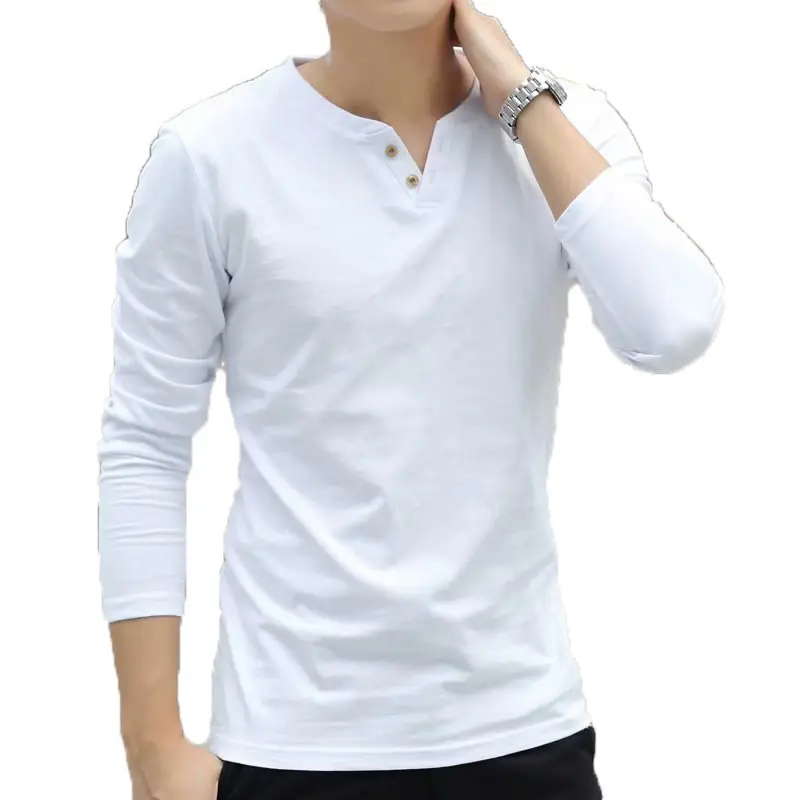 Men Korean Style V Neck Long Sleeve T-Shirt Red