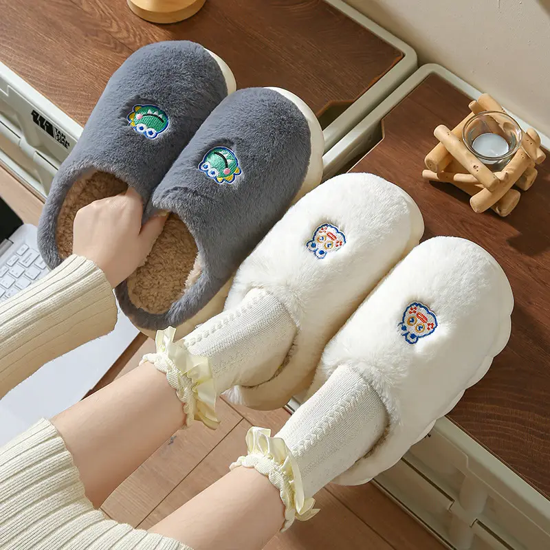 Women Winter Cartoon Embroidered Cotton Slippers - Image 6