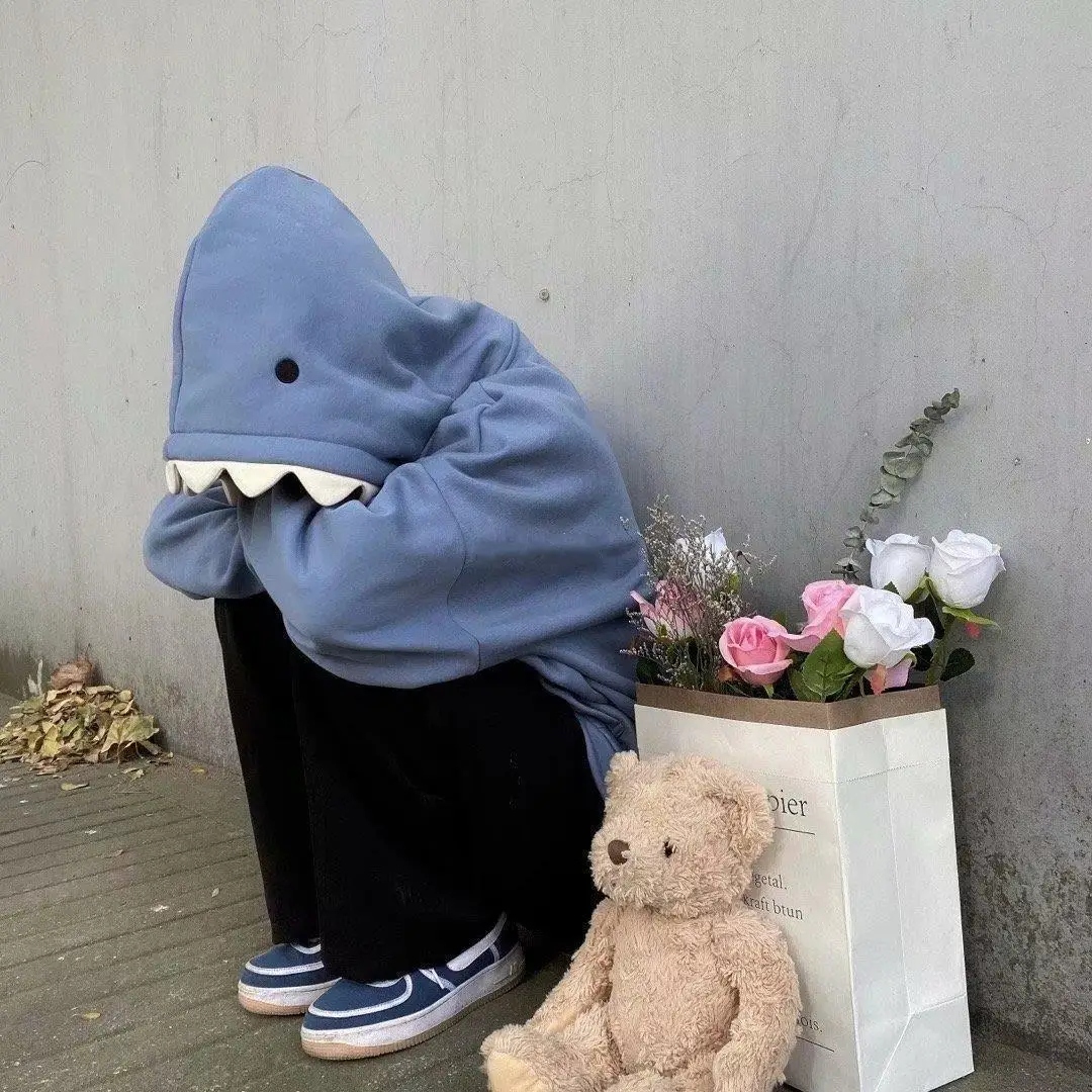 Blue Hooded Sweatshirt Set for Men Women Velvet Loose 2021 - Image 5