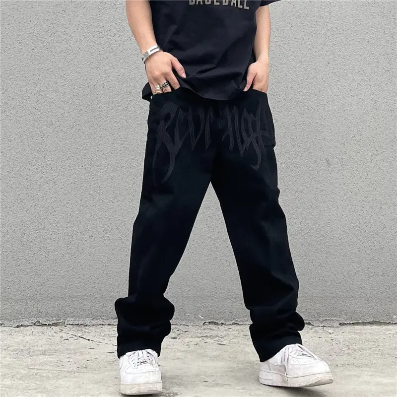 Black Embroidered High Waist Jeans Men Women