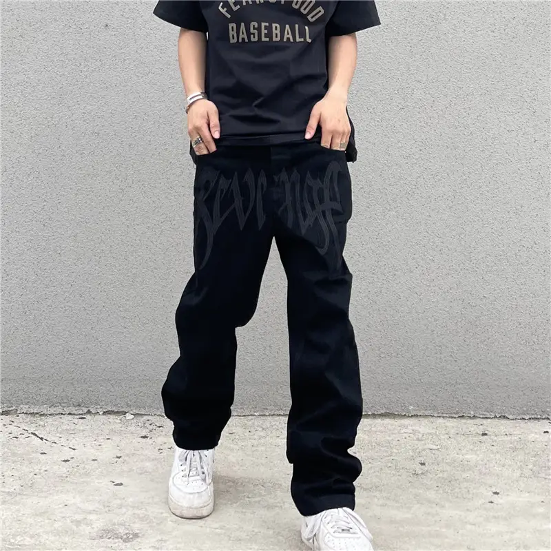 Black Embroidered High Waist Jeans Men Women