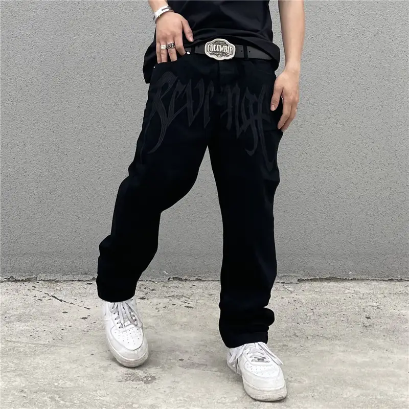 Black Embroidered High Waist Jeans Men Women