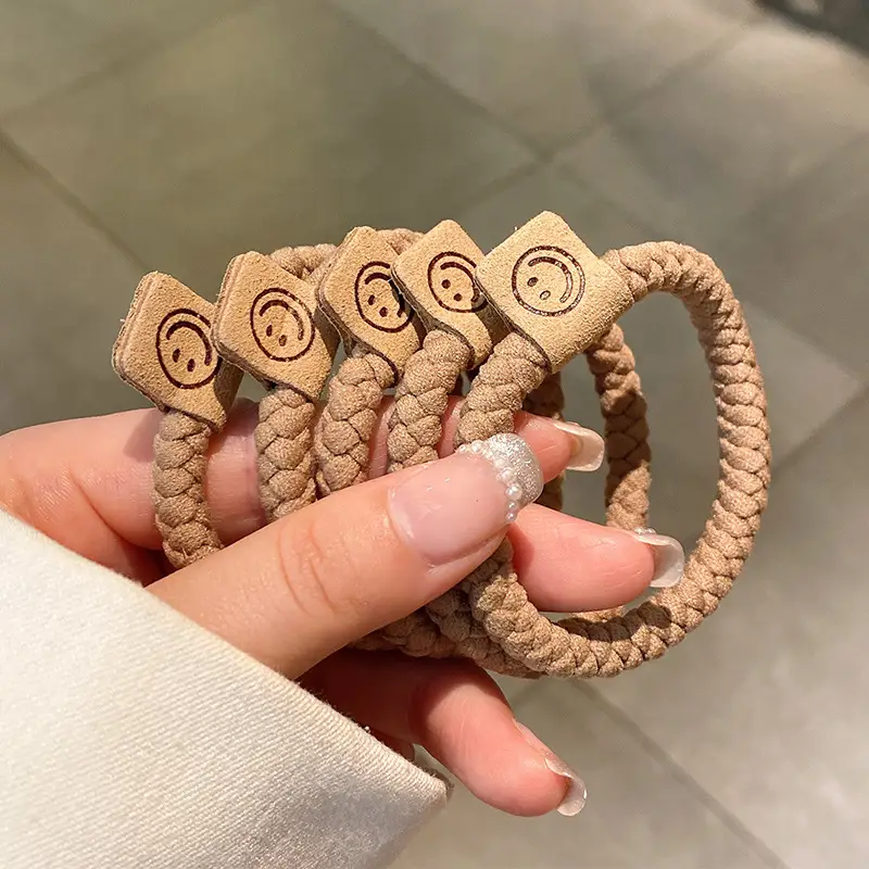Cute Smiley Face Hair Ring Brown Elastic Braided Hair Rope