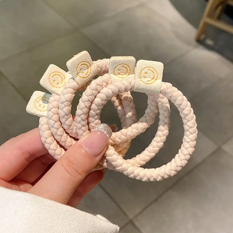 Cute Smiley Face Hair Ring Brown Elastic Braided Hair Rope