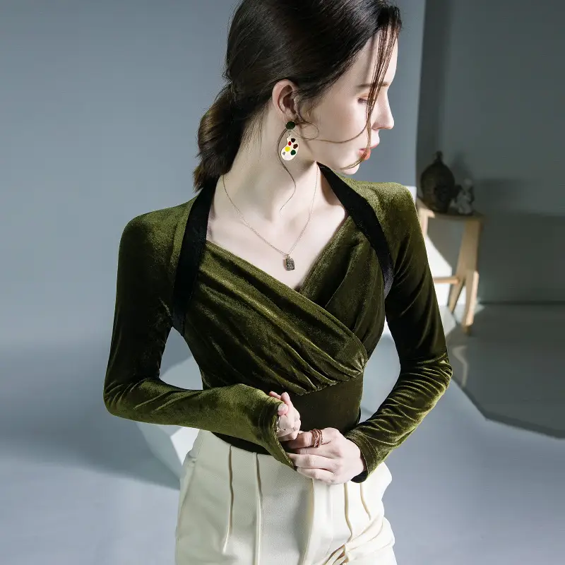 Velvet V-Neck Long Sleeve Shirt Brown