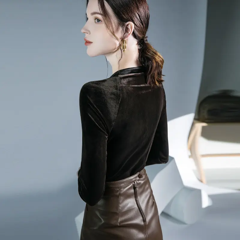 Velvet V-Neck Long Sleeve Shirt Brown