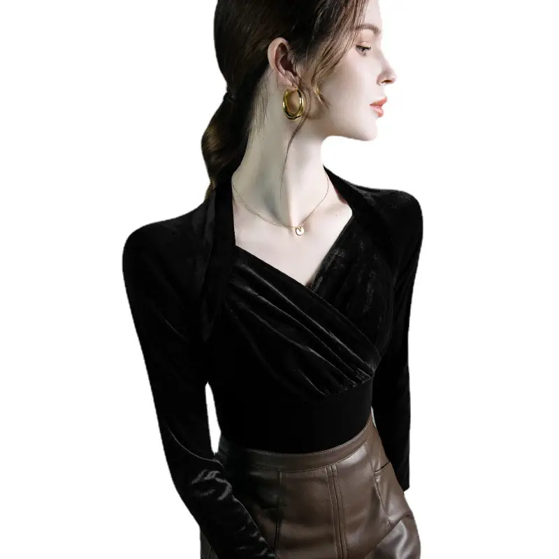 Velvet V-Neck Long Sleeve Shirt Brown