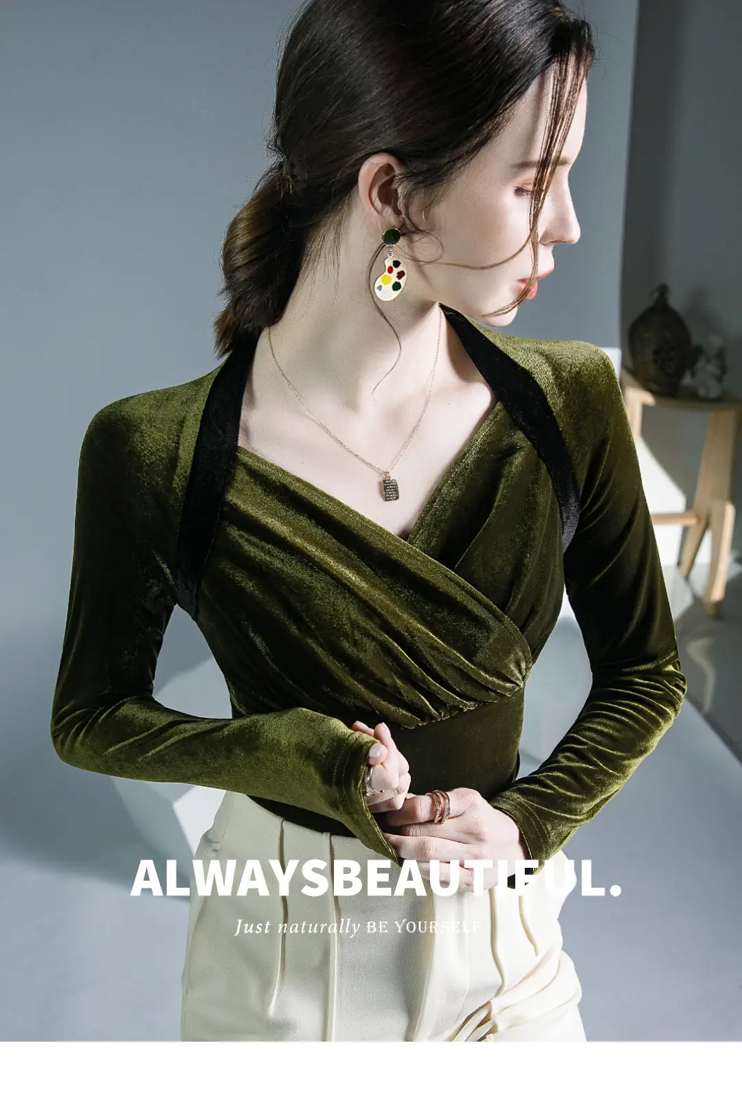 Velvet V-Neck Long Sleeve Shirt Brown — feature 1
