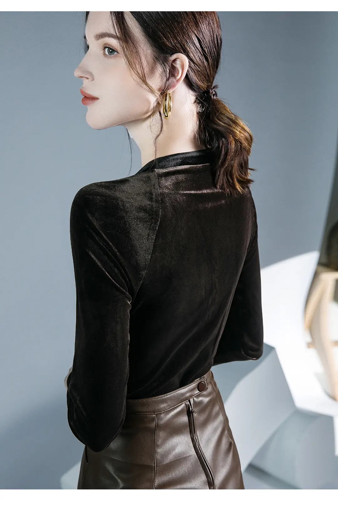 Velvet V-Neck Long Sleeve Shirt Brown — feature 10