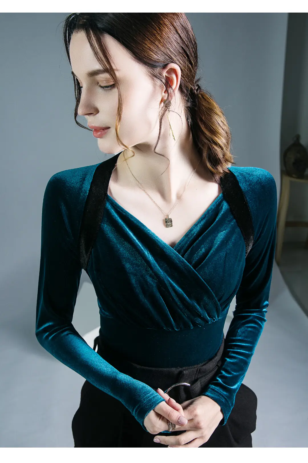 Velvet V-Neck Long Sleeve Shirt Brown — feature 11