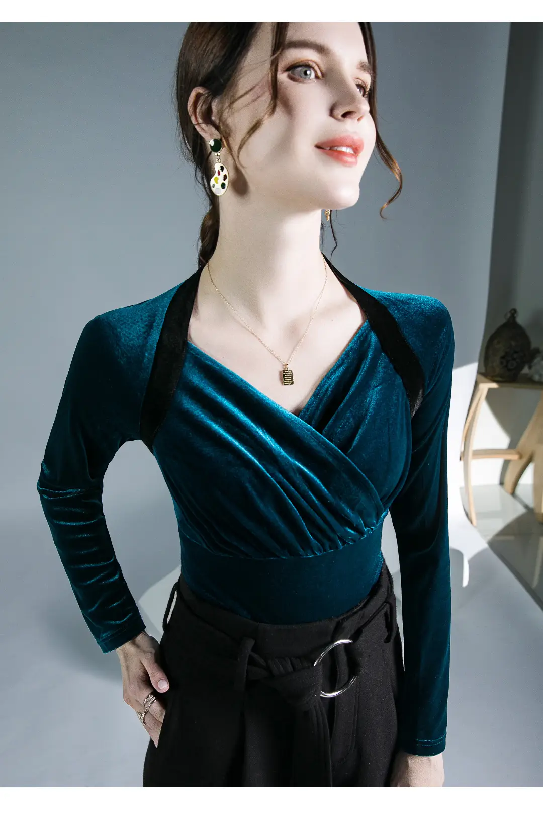 Velvet V-Neck Long Sleeve Shirt Brown — feature 12