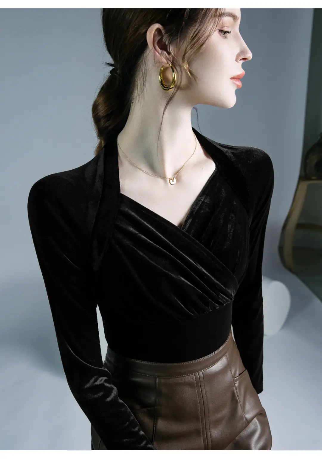 Velvet V-Neck Long Sleeve Shirt Brown — feature 14